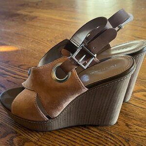 BCBG Generation Sude Coral Tan Wedge Sandals in Size 10